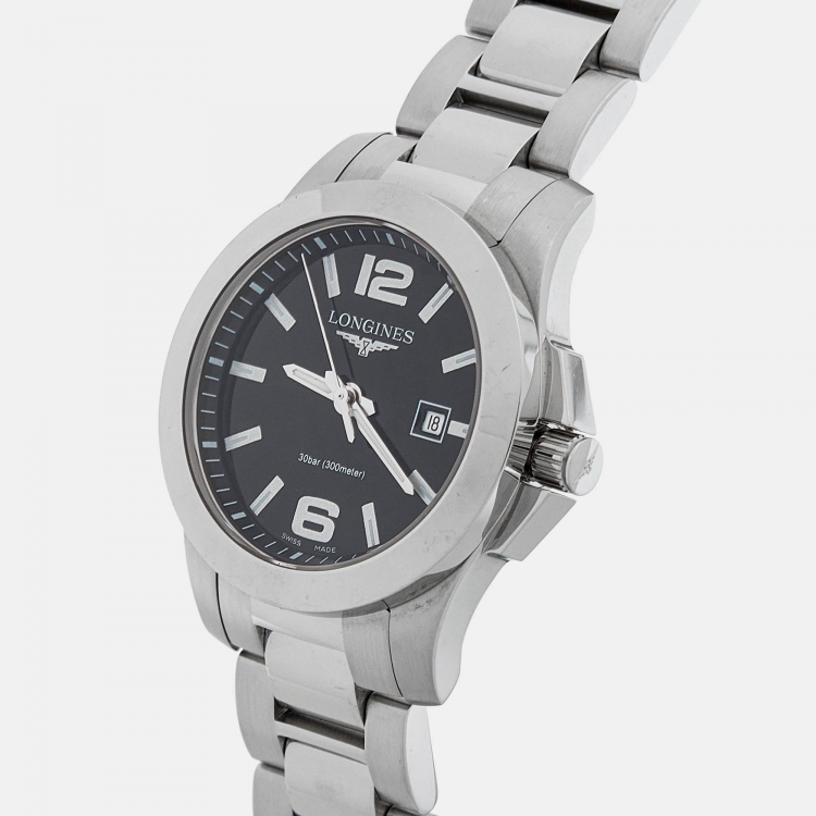 Pre Owned Longines Black Stainless Steel Conquest L3.277.4.58.6 Women's Wristwatch 29.50 mm