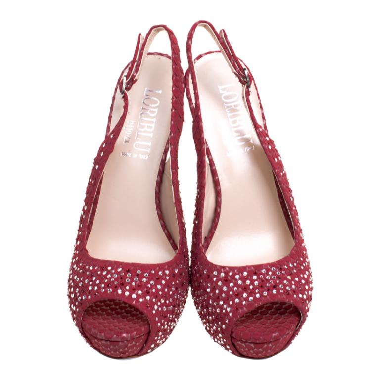 Pre Owned Loriblu Red Crystal Embellished Textured Nubuck Platform Slingback Sandals Size 39