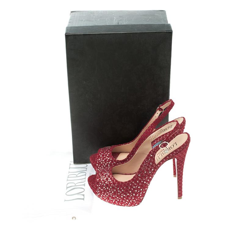 Pre Owned Loriblu Red Crystal Embellished Textured Nubuck Platform Slingback Sandals Size 37.5