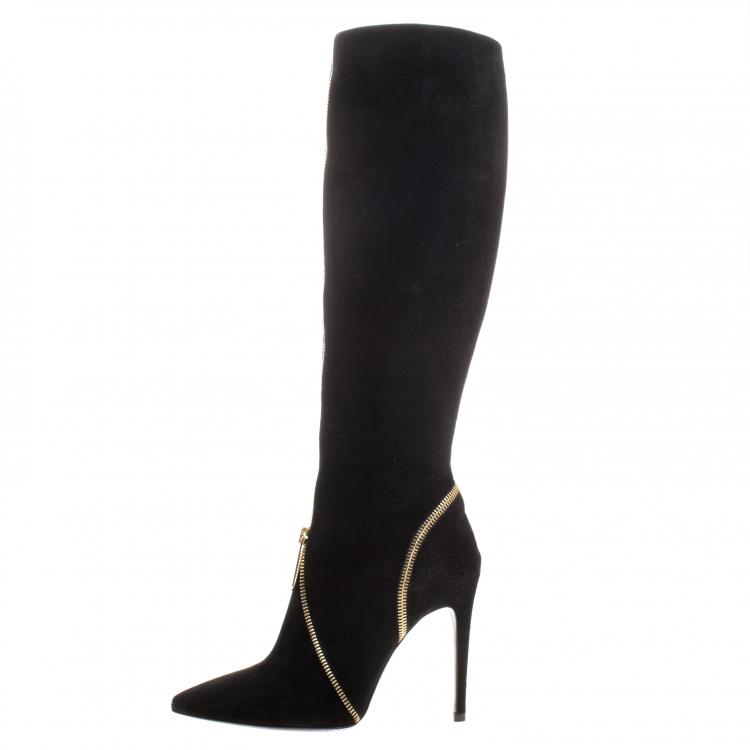 مملوكة مسبقًا Loriblu Black Suede Zip Accent Knee High Pointed Toe Boots Size 36