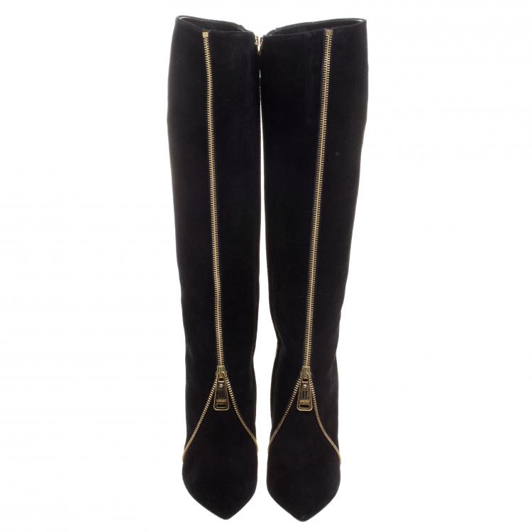 مملو�كة مسبقًا Loriblu Black Suede Zip Accent Knee High Pointed Toe Boots Size 36