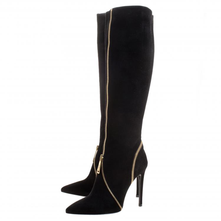 مملوكة مسبقًا Loriblu Black Suede Zip Accent Knee High Pointed Toe Boots Size 36