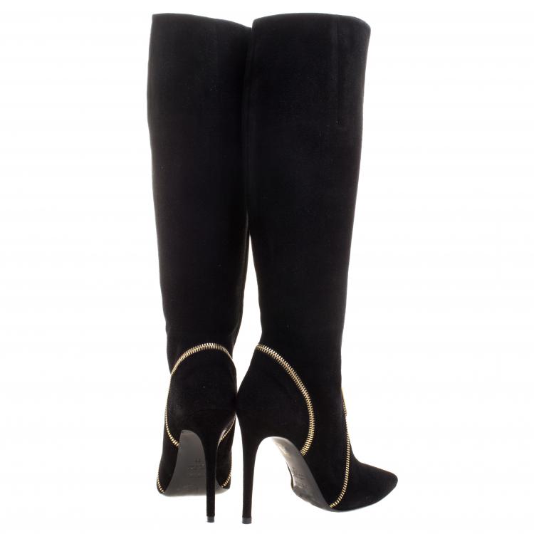 مملوكة مسبقًا Loriblu Black Suede Zip Accent Knee High Pointed Toe Boots Size 36