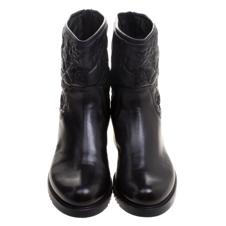 Pre Owned Loriblu Black Vine Leaves Embroidered Leather Flat Boots Size 41