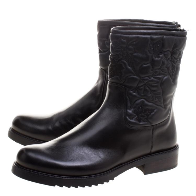 Pre Owned Loriblu Black Vine Leaves Embroidered Leather Flat Boots Size 41