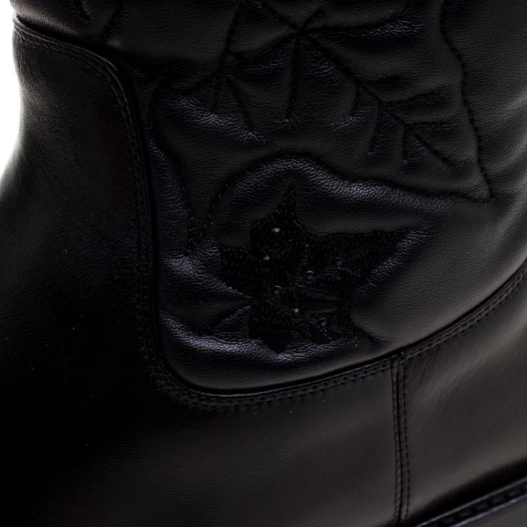 Pre Owned Loriblu Black Vine Leaves Embroidered Leather Flat Boots Size 41