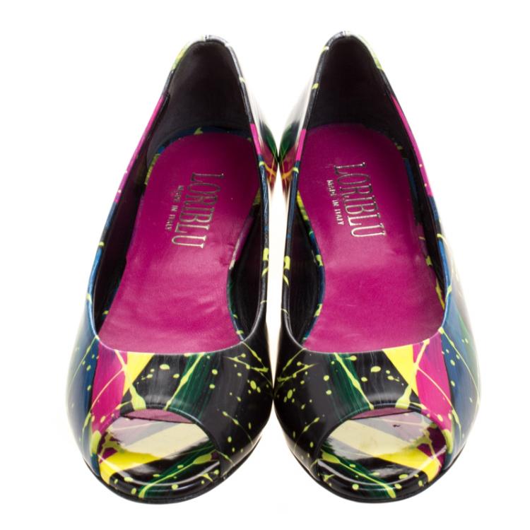 Pre Owned Loriblu Multicolor Printed Leather Peep Toe Flats Size 36.5