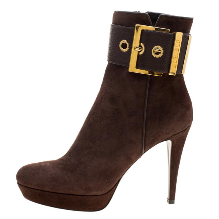 Pre Owned Loriblu Dark Brown Suede Buckle Detail Platform Ankle Boots Size 40