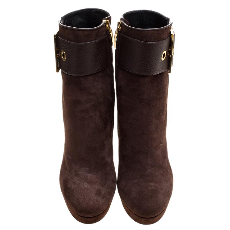Pre Owned Loriblu Dark Brown Suede Buckle Detail Platform Ankle Boots Size 40