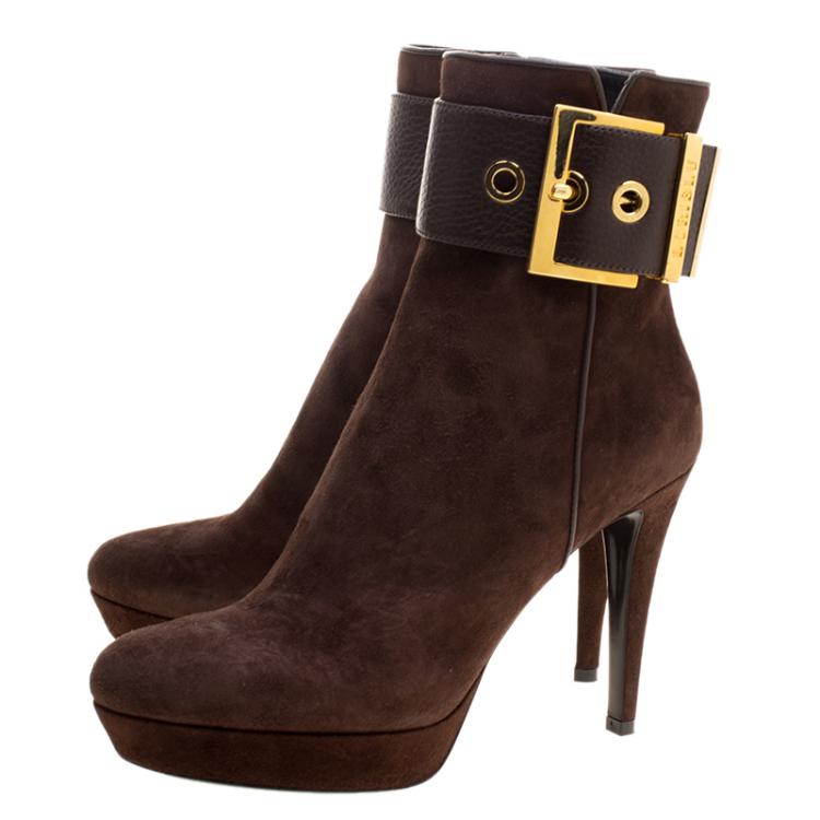 Pre Owned Loriblu Dark Brown Suede Buckle Detail Platform Ankle Boots Size 40