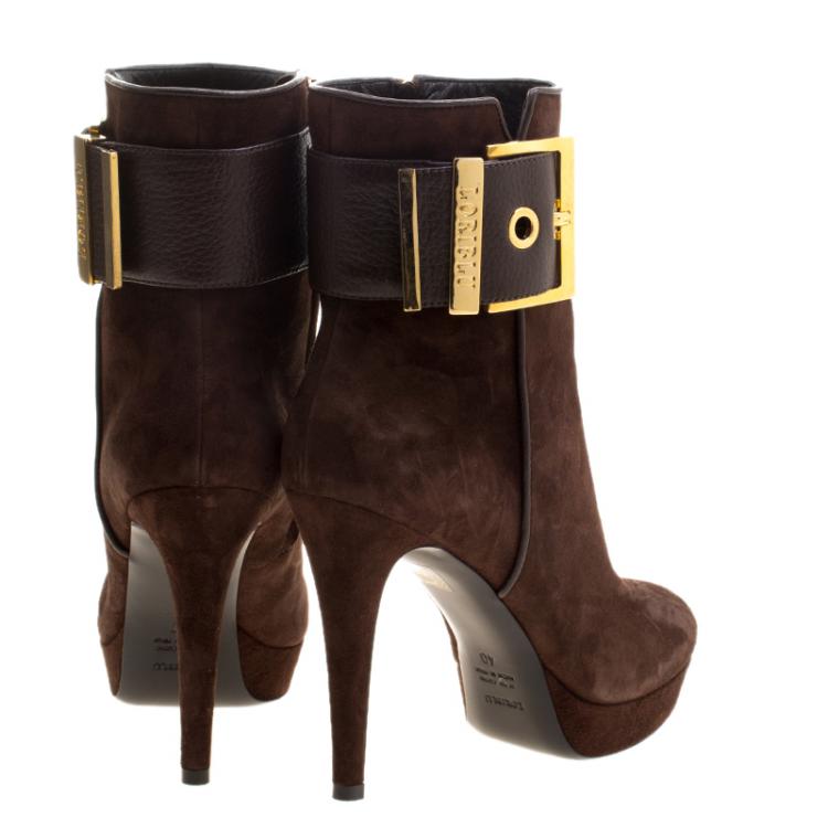 Pre Owned Loriblu Dark Brown Suede Buckle Detail Platform Ankle Boots Size 40
