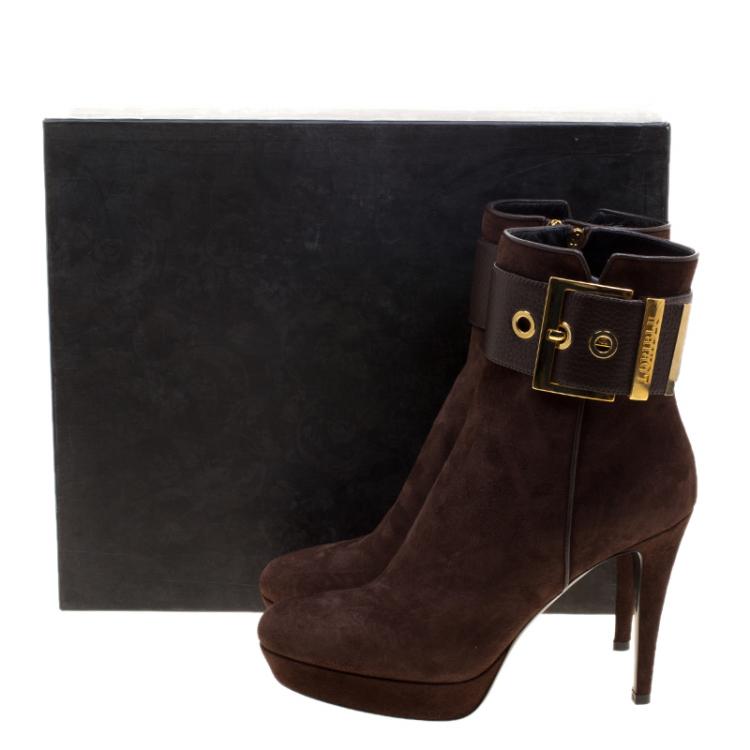 Pre Owned Loriblu Dark Brown Suede Buckle Detail Platform Ankle Boots Size 40