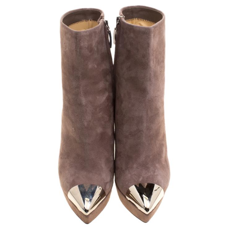 Pre Owned Loriblu Taupe Suede Metal Cap Toe Platform Boots Size 38.5
