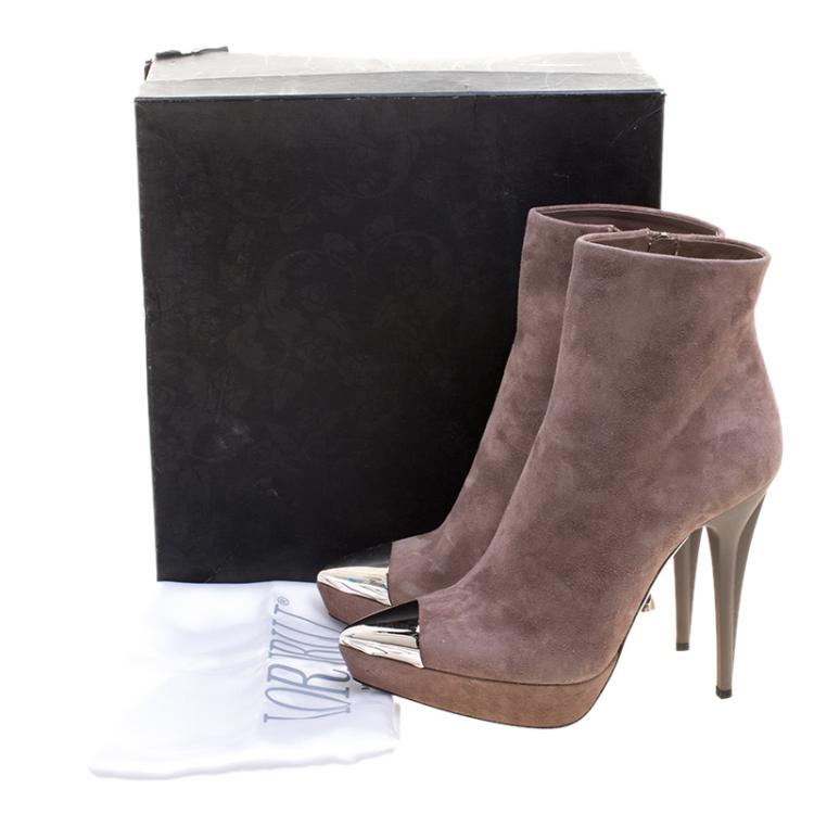 Pre Owned Loriblu Taupe Suede Metal Cap Toe Platform Boots Size 38.5