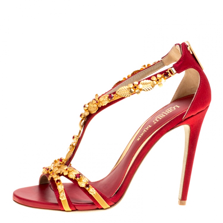 Pre Owned Loriblu Bijoux Red Satin Floral Embellished Crystal Studded Sandals Size 39