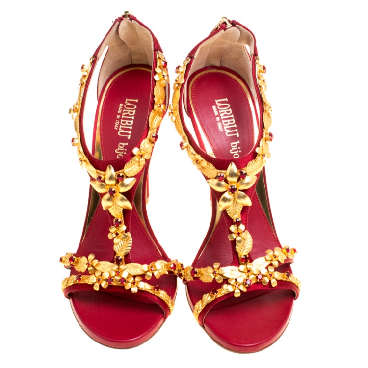 Pre Owned Loriblu Bijoux Red Satin Floral Embellished Crystal Studded Sandals Size 39