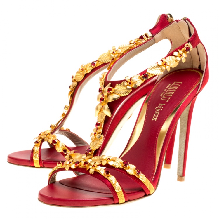 Pre Owned Loriblu Bijoux Red Satin Floral Embellished Crystal Studded Sandals Size 39
