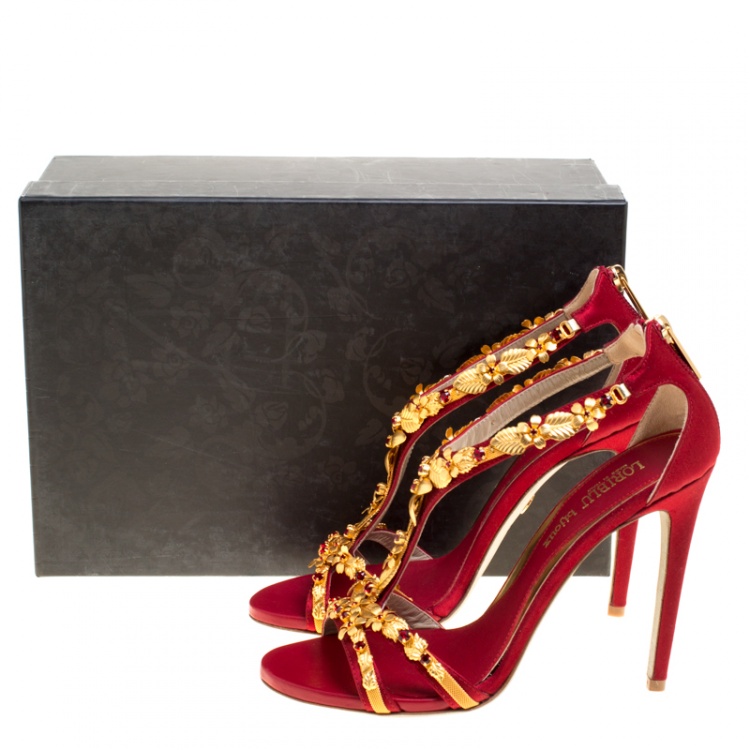 Pre Owned Loriblu Bijoux Red Satin Floral Embellished Crystal Studded Sandals Size 39