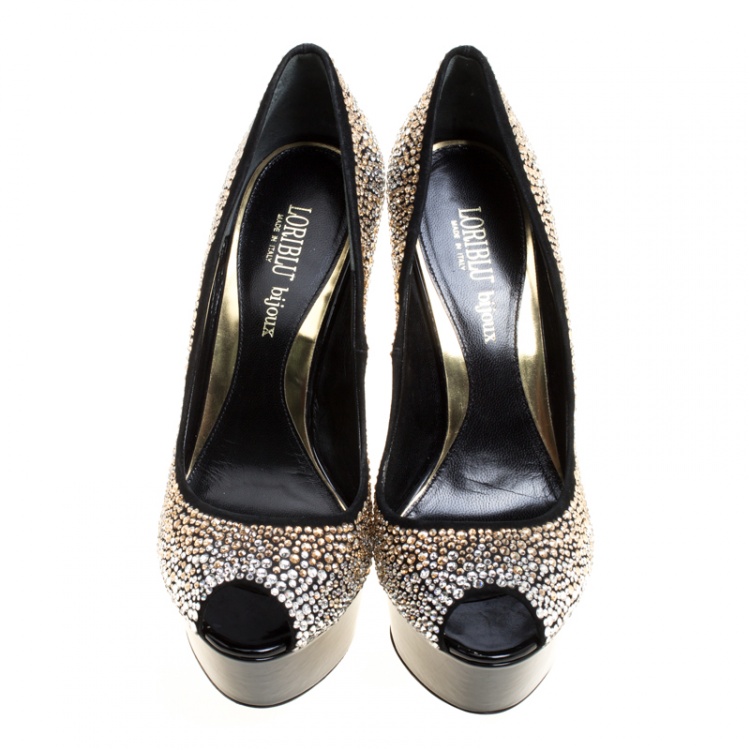 Pre Owned Loriblu Bijoux Black Crystal Embellished Suede Peep Toe Platform Pumps Size 39