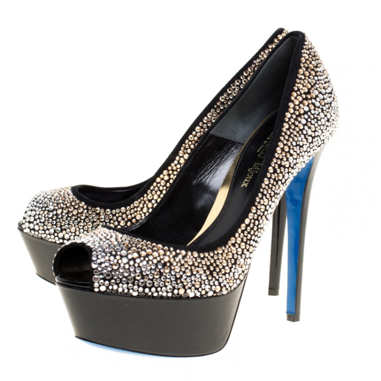 Pre Owned Loriblu Bijoux Black Crystal Embellished Suede Peep Toe Platform Pumps Size 39