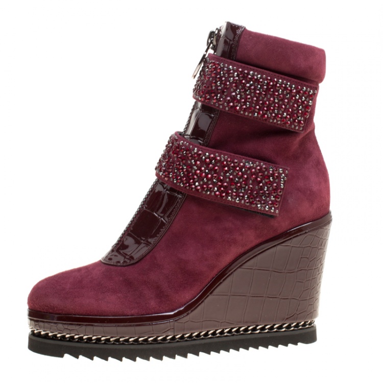 Pre Owned Loriblu Bordeaux Suede and Croc Embossed Leather Wedge Boots Size 36
