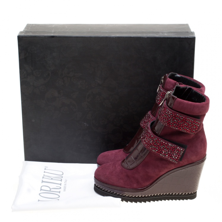 Pre Owned Loriblu Bordeaux Suede and Croc Embossed Leather Wedge Boots Size 36