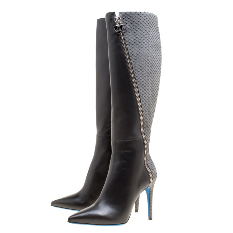 Pre Owned Loriblu Grey Leather and Python Embossed Zip Detail Pointed Toe Boots Size 38