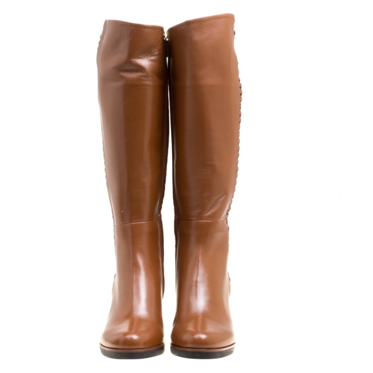 Pre Owned Loriblu Brown Leather Weave Detail Knee High Boots Size 38.5