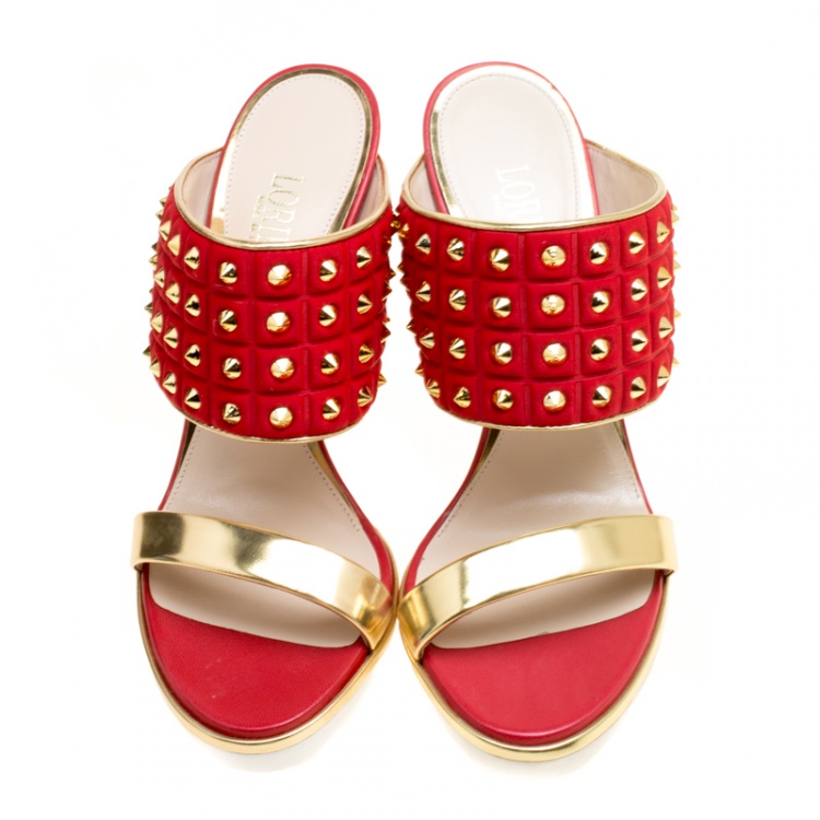 Pre Owned Loriblu Tricolor Knit Fabric and Leather Spike Studded Platform Slides Size 38