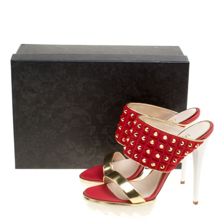 Pre Owned Loriblu Tricolor Knit Fabric and Leather Spike Studded Platform Slides Size 38