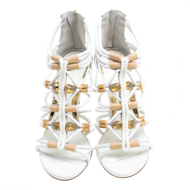 Pre Owned Loriblu Bijoux White Leather Crystal Embellished Strappy Sandals Size 39