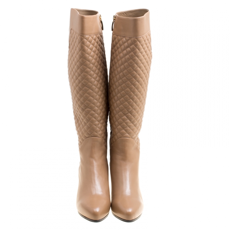 Pre Owned Loriblu Brown Quilted Leather Faux Fur Lined Knee Length Boots Size 40