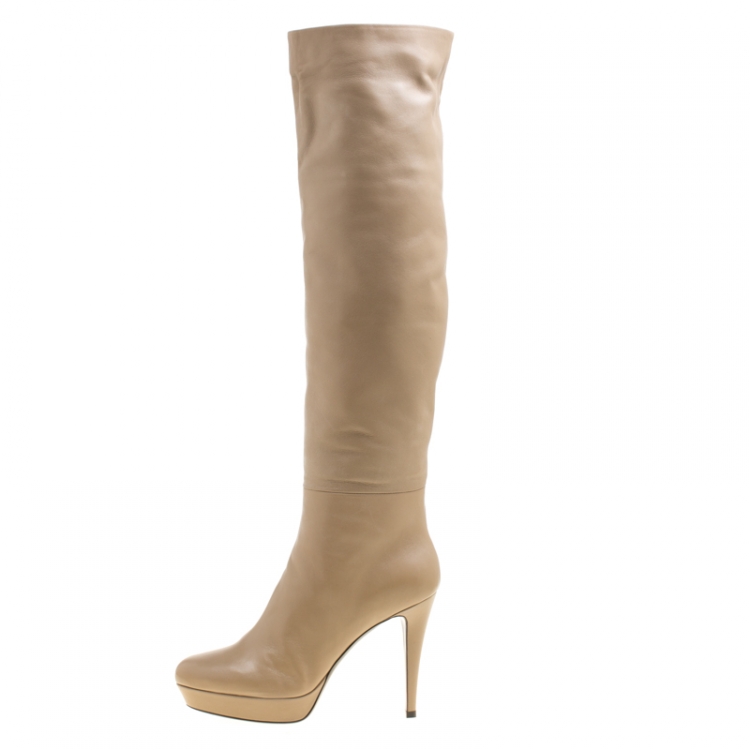 Pre Owned Loriblu Beige Leather Faux Fur Lined Platform Knee Length Boots Size 38.5