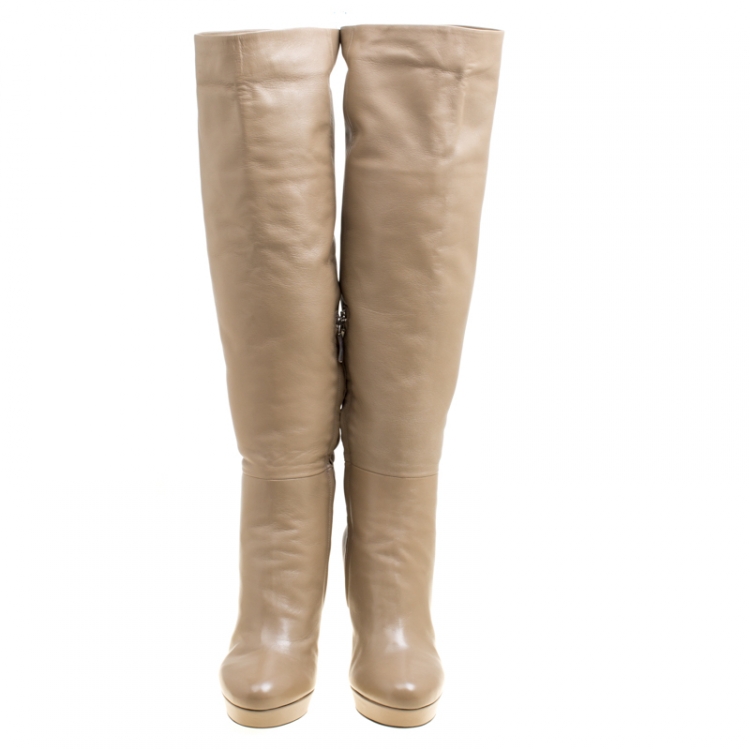 Pre Owned Loriblu Beige Leather Faux Fur Lined Platform Knee Length Boots Size 38.5