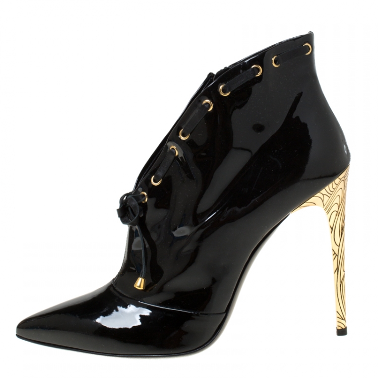 Pre Owned Loriblu Black Patent Leather Pointed Toe Lace Booties Size 39