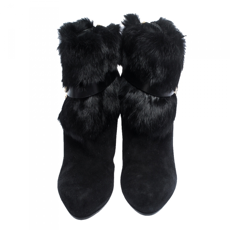 Pre Owned Loriblu Black Suede And Fur Trim Pointed Toe Ankle Boots Size 41