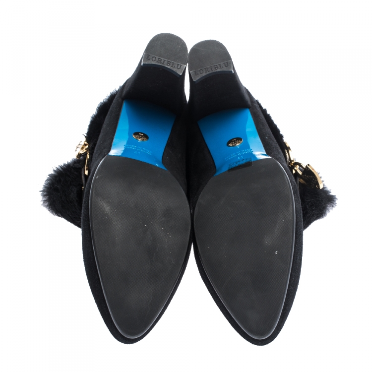 Pre Owned Loriblu Black Suede And Fur Trim Pointed Toe Ankle Boots Size 41