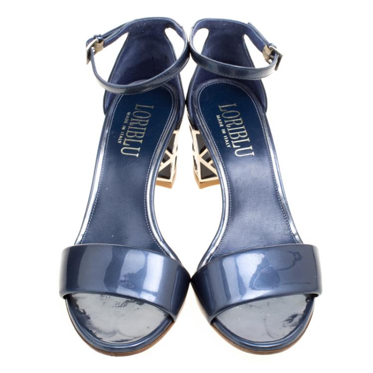 مملوكة مسبقًا Loriblu Slate Blue Patent Leather Ankle Strap Sandals Size 37.5