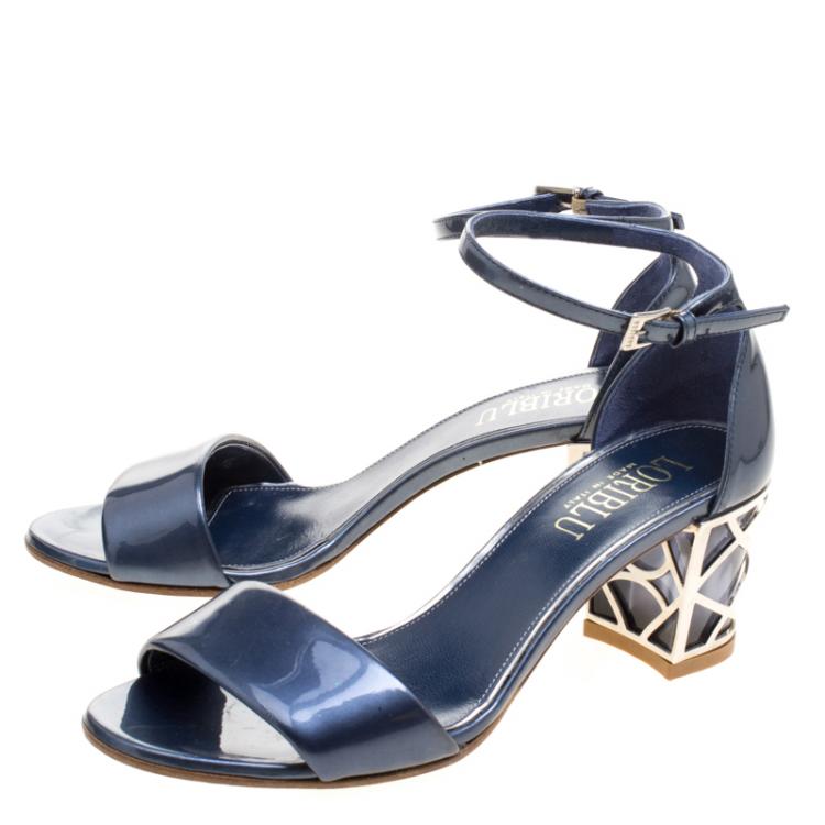 مملوكة مسبقًا Loriblu Slate Blue Patent Leather Ankle Strap Sandals Size 37.5