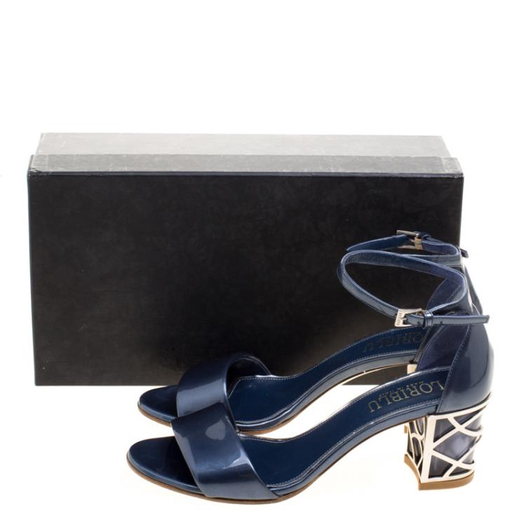 مملوكة مسبقًا Loriblu Slate Blue Patent Leather Ankle Strap Sandals Size 37.5