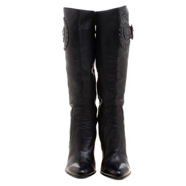 Pre Owned Loriblu Black Leather Buckle Detail Knee High Boots Size 39