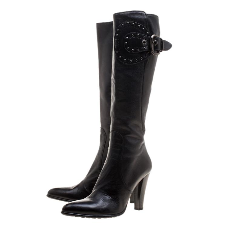 Pre Owned Loriblu Black Leather Buckle Detail Knee High Boots Size 39