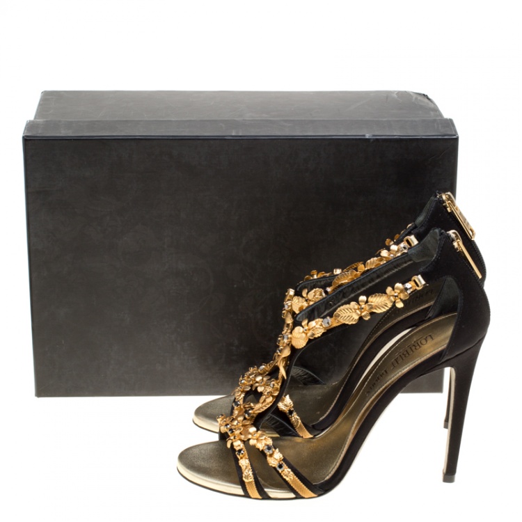 Pre Owned Loriblu Bijoux Black Satin Floral Embellished Crystal Studded Sandals Size 38