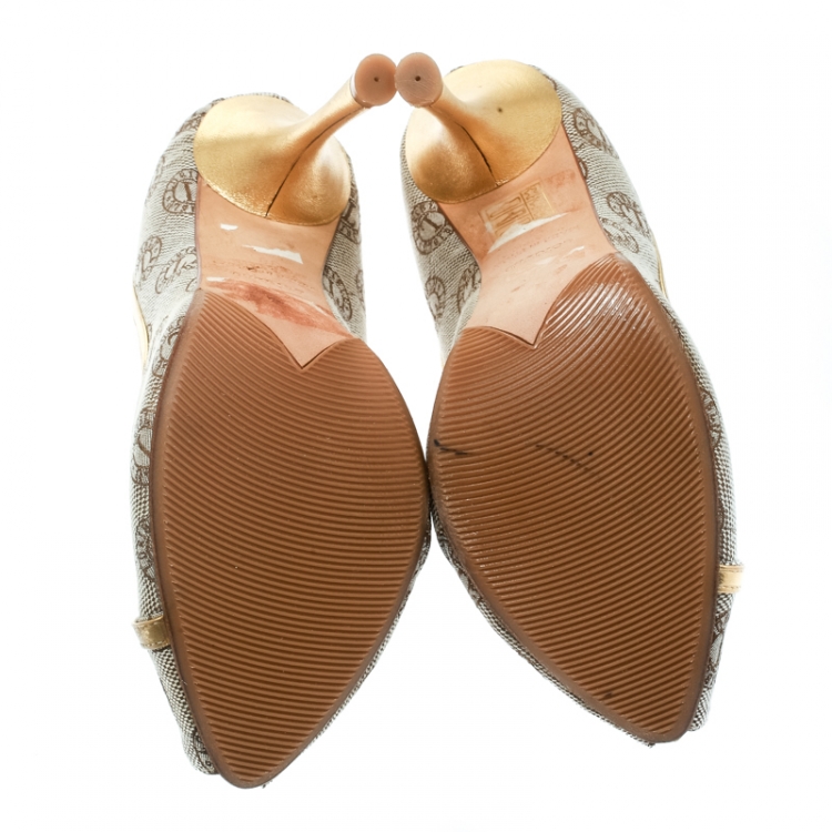 Pre Owned Loriblu Beige Canvas Monogram Peep Toe Pumps Size 38