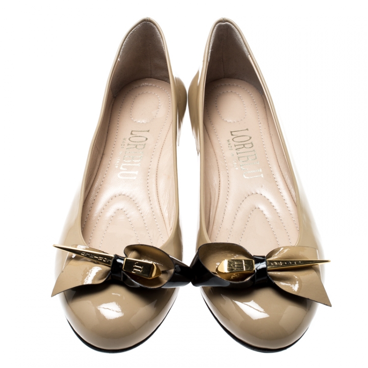 Pre Owned Loriblu Beige Patent Leather Bow Pin Detail Ballet Flats Size 39