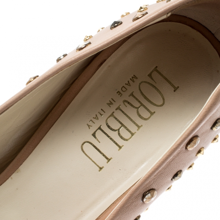 مملوكة مسبقًا Loriblu Beige Leather Stud Embellished Peep Toe Platform Pumps Size 38