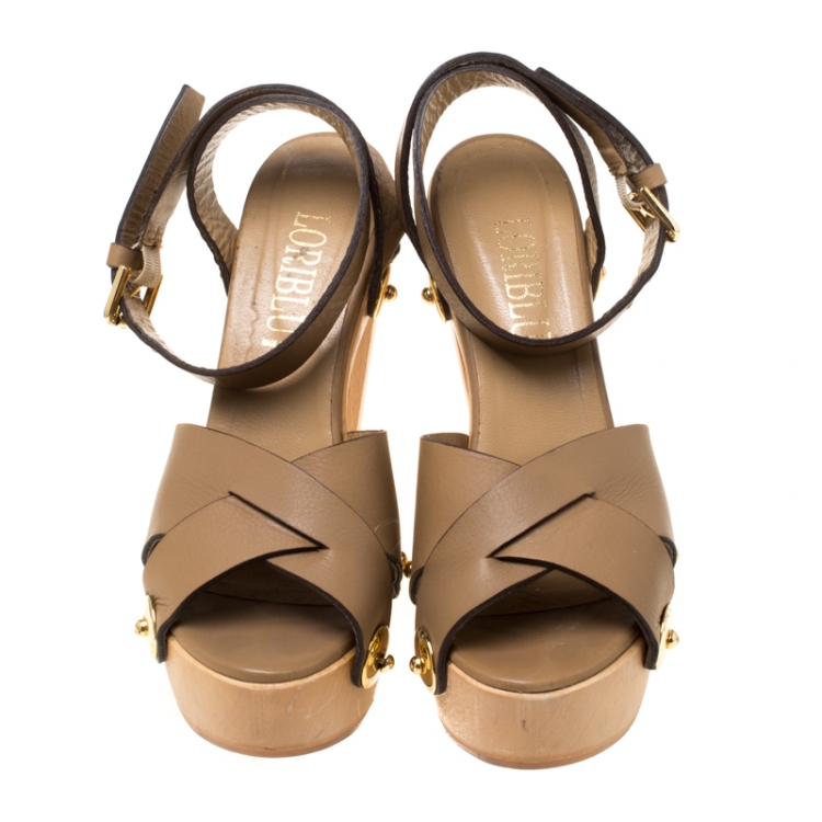 Pre Owned Loriblu Brown Leather Ankle Wrap Platform Sandals Size 38