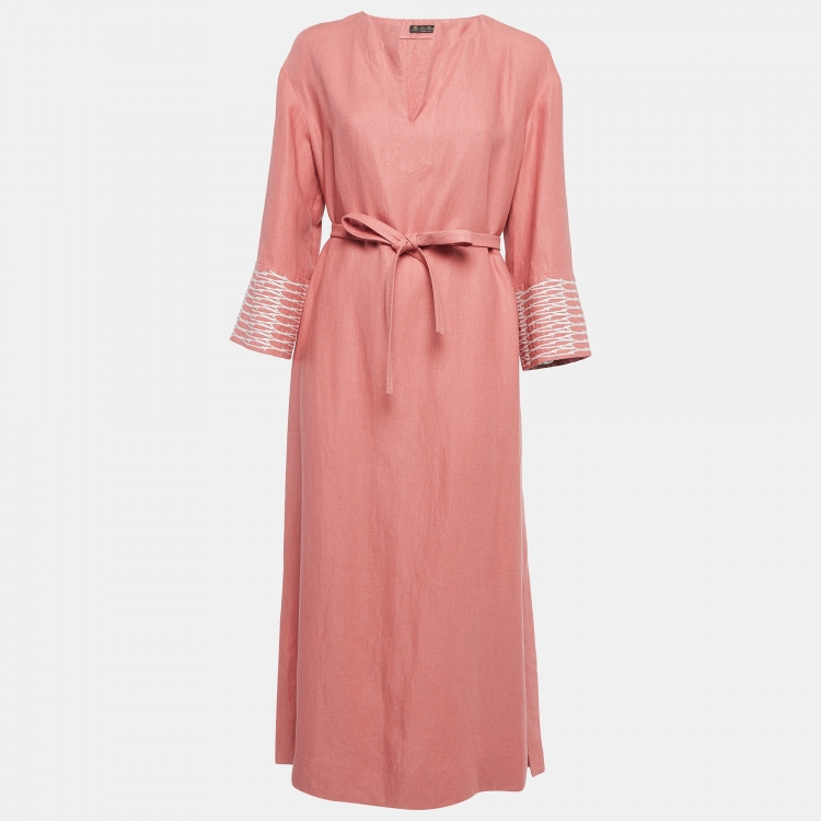 Pre Owned Loro Piana Pink Embroidered Linen Tunic Dress M