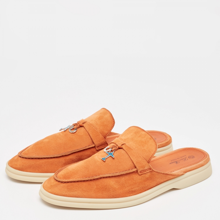 Pre Owned Loro Piana Orange Suede Babouche Charms Walk Mules Size 42