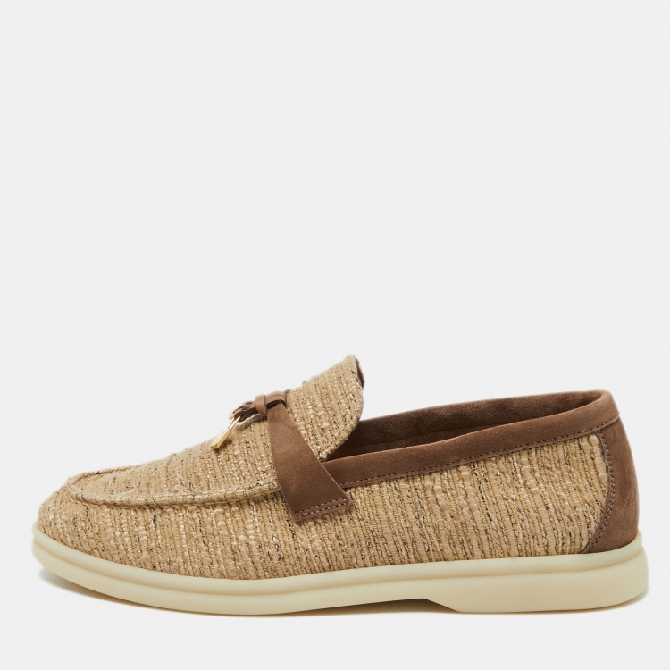Pre Owned Loro Piana Beige/Brown Linen and Suede Summer Charms Walk Slip On Loafers Size 37.5